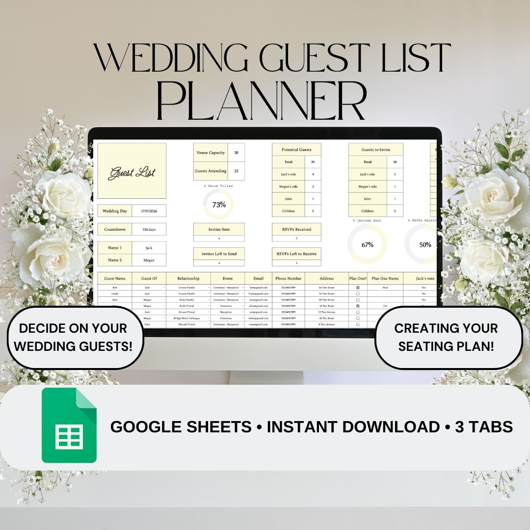 Yellow Wedding Guest List Planner & Seating Plan | Google Sheets Spreadsheet