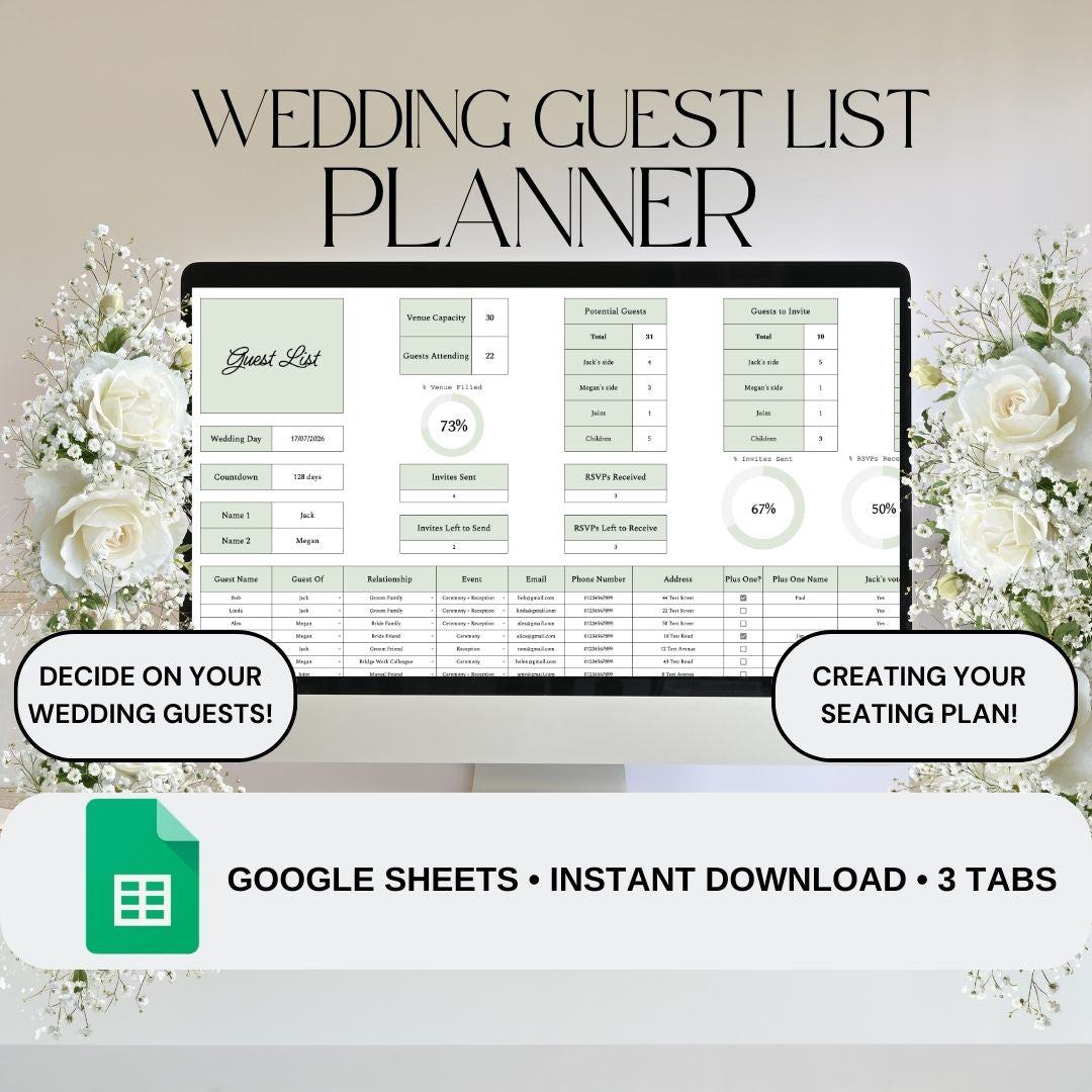 Green Wedding Guest List Planner & Seating Plan | Google Sheets Spreadsheet