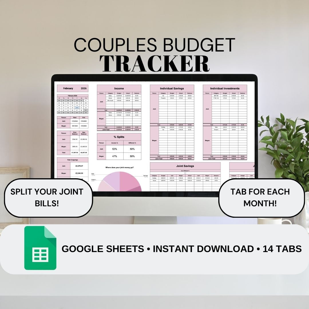 Pink Couples Monthly Budget Tracker | Google Sheets Spreadsheet