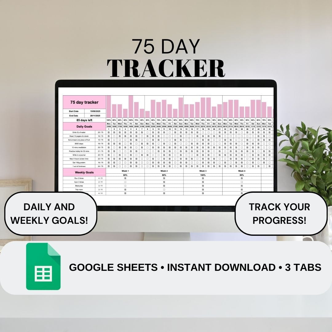 Pink 75 Day Tracker | Google Sheets Spreadsheet