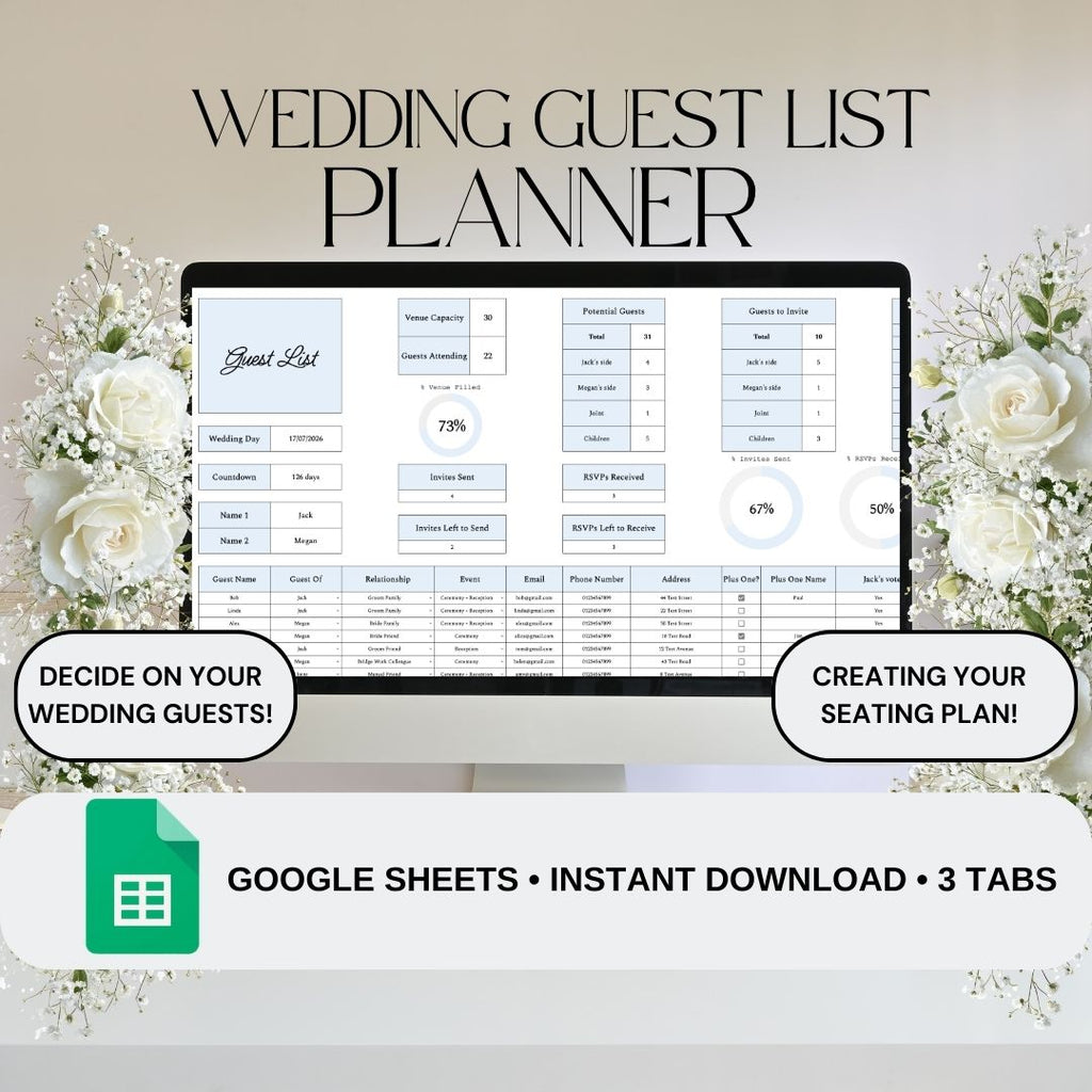 Blue Wedding Guest List Planner & Seating Plan | Google Sheets Spreadsheet