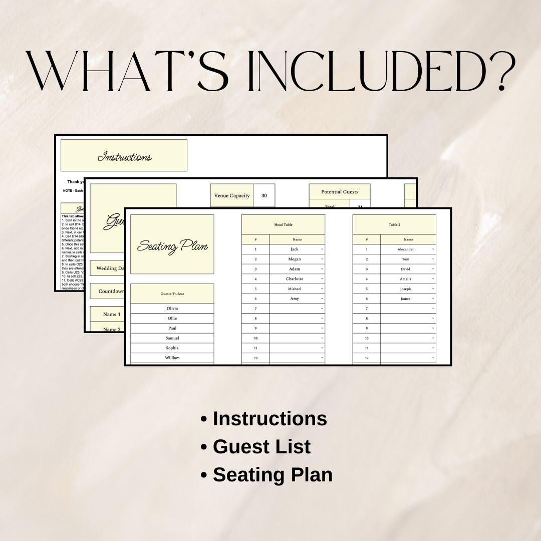 Yellow Wedding Guest List Planner & Seating Plan | Google Sheets Spreadsheet