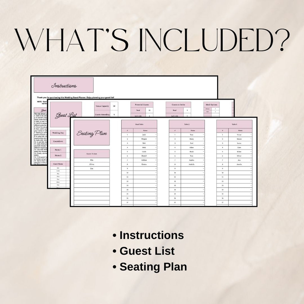 Pink Wedding Guest List Planner & Seating Plan | Google Sheets Spreadsheet
