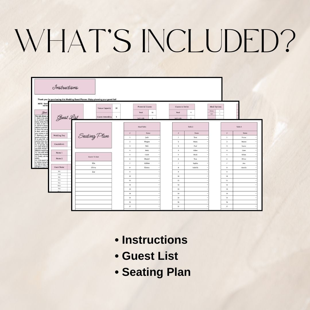Pink Wedding Guest List Planner & Seating Plan | Google Sheets Spreadsheet