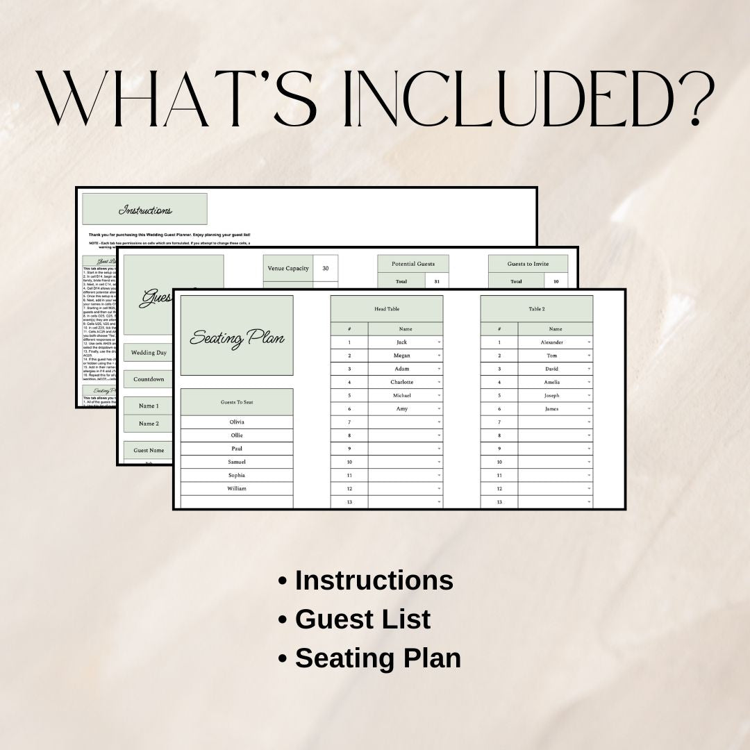 Green Wedding Guest List Planner & Seating Plan | Google Sheets Spreadsheet