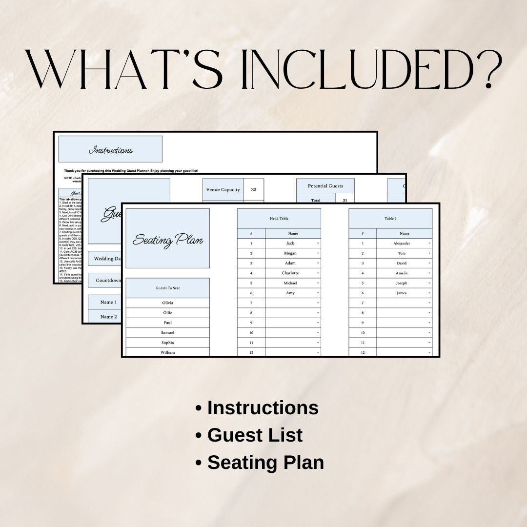 Blue Wedding Guest List Planner & Seating Plan | Google Sheets Spreadsheet