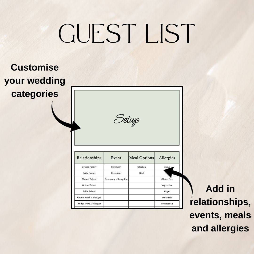 Green Wedding Guest List Planner & Seating Plan | Google Sheets Spreadsheet
