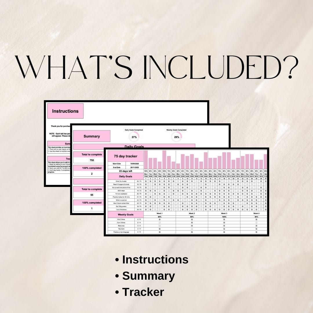 Pink 75 Day Tracker | Google Sheets Spreadsheet
