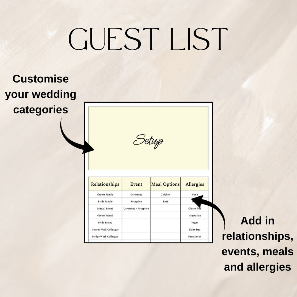Yellow Wedding Guest List Planner & Seating Plan | Google Sheets Spreadsheet