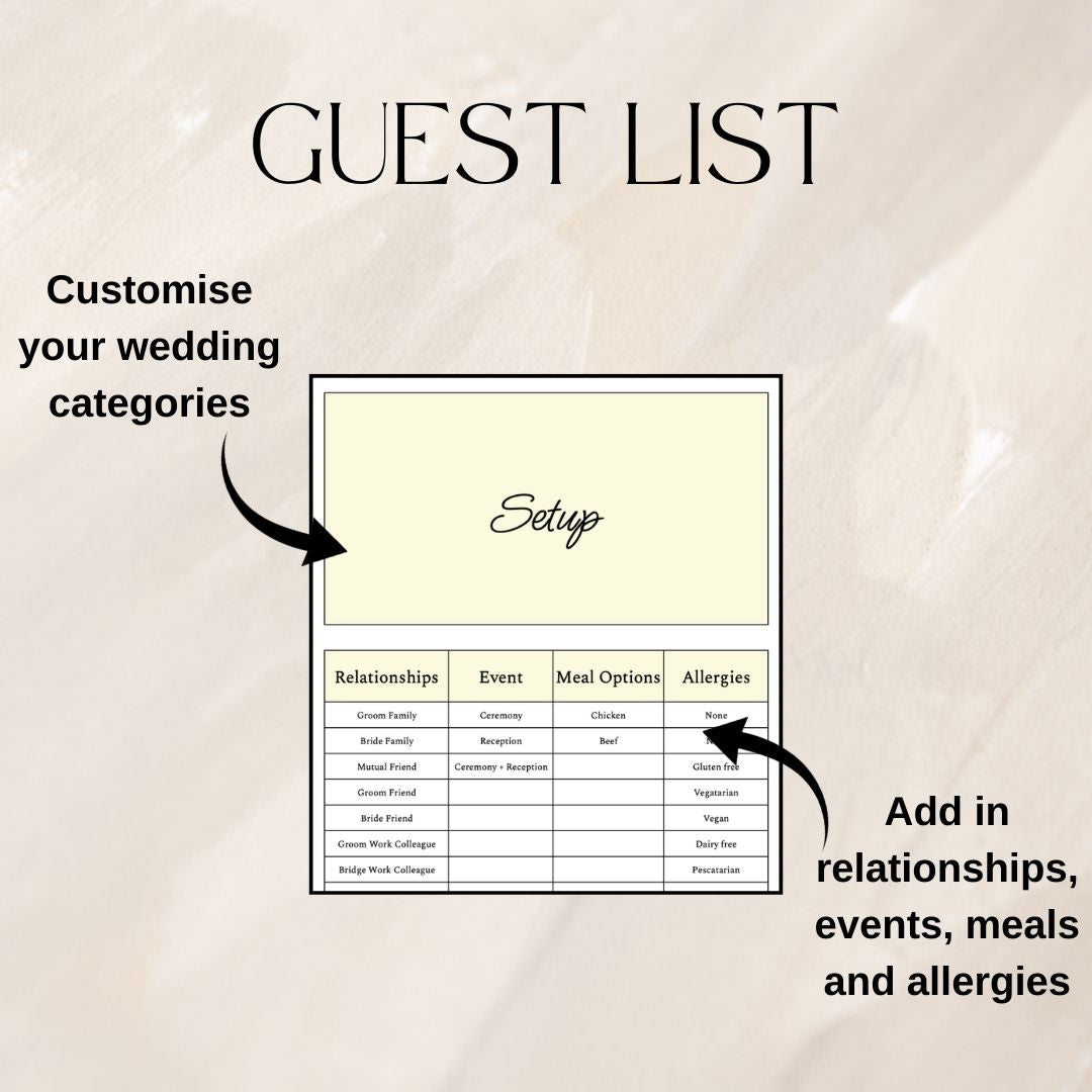 Yellow Wedding Guest List Planner & Seating Plan | Google Sheets Spreadsheet