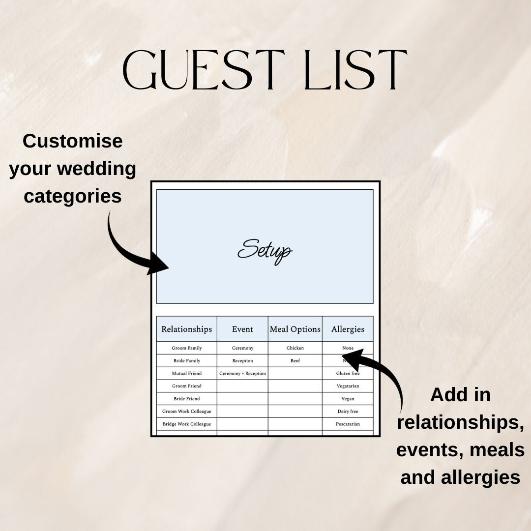 Blue Wedding Guest List Planner & Seating Plan | Google Sheets Spreadsheet