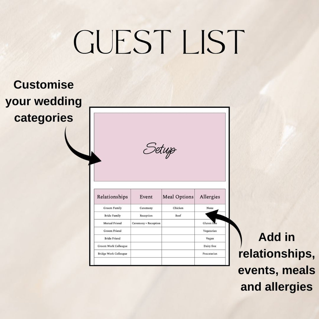 Pink Wedding Guest List Planner & Seating Plan | Google Sheets Spreadsheet