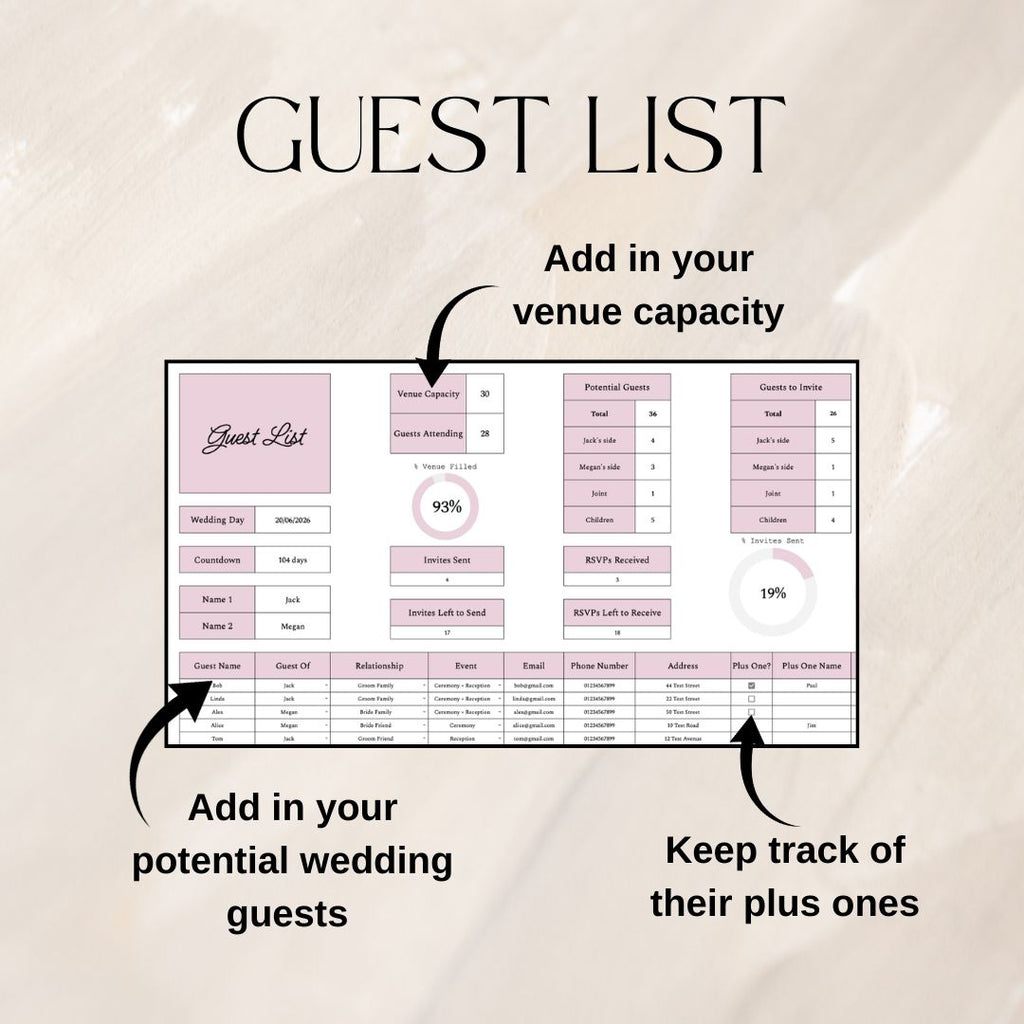 Pink Wedding Guest List Planner & Seating Plan | Google Sheets Spreadsheet