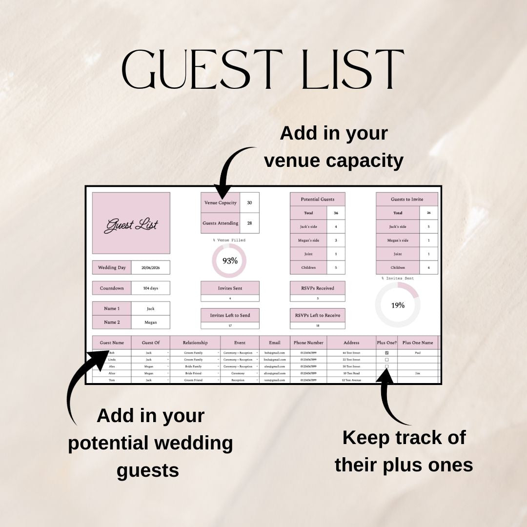 Pink Wedding Guest List Planner & Seating Plan | Google Sheets Spreadsheet