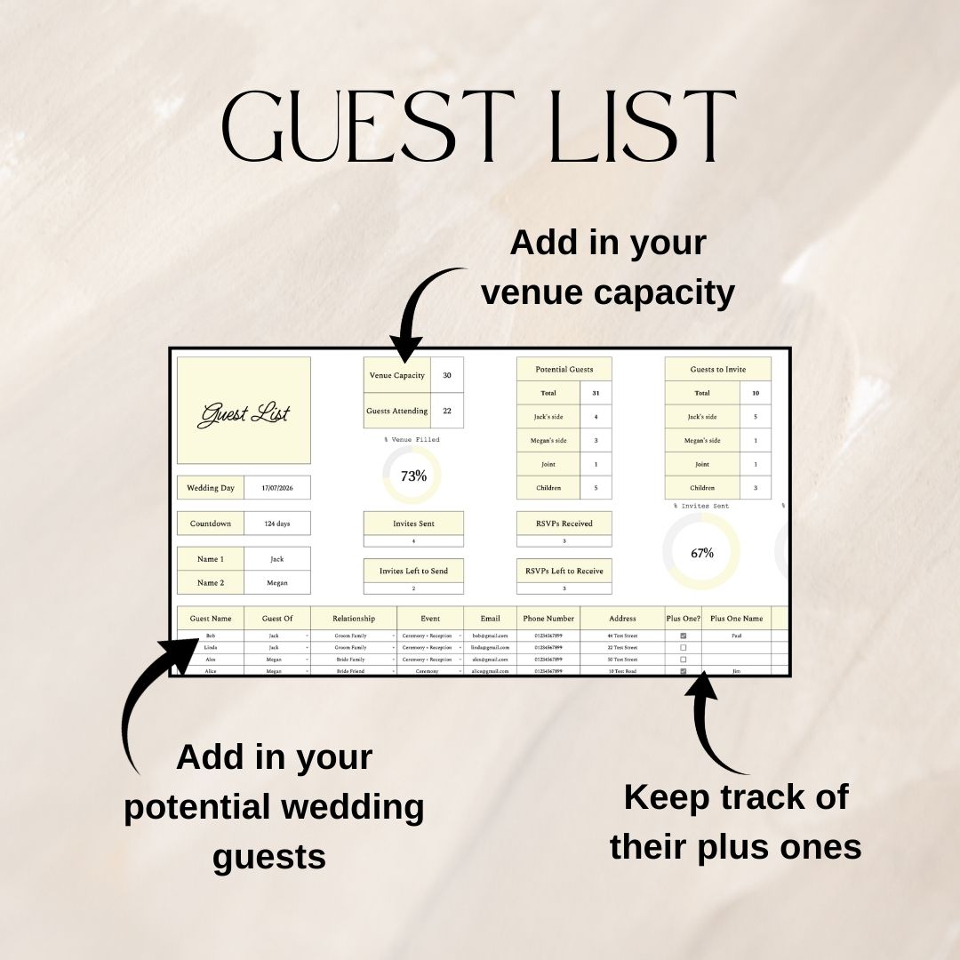 Yellow Wedding Guest List Planner & Seating Plan | Google Sheets Spreadsheet