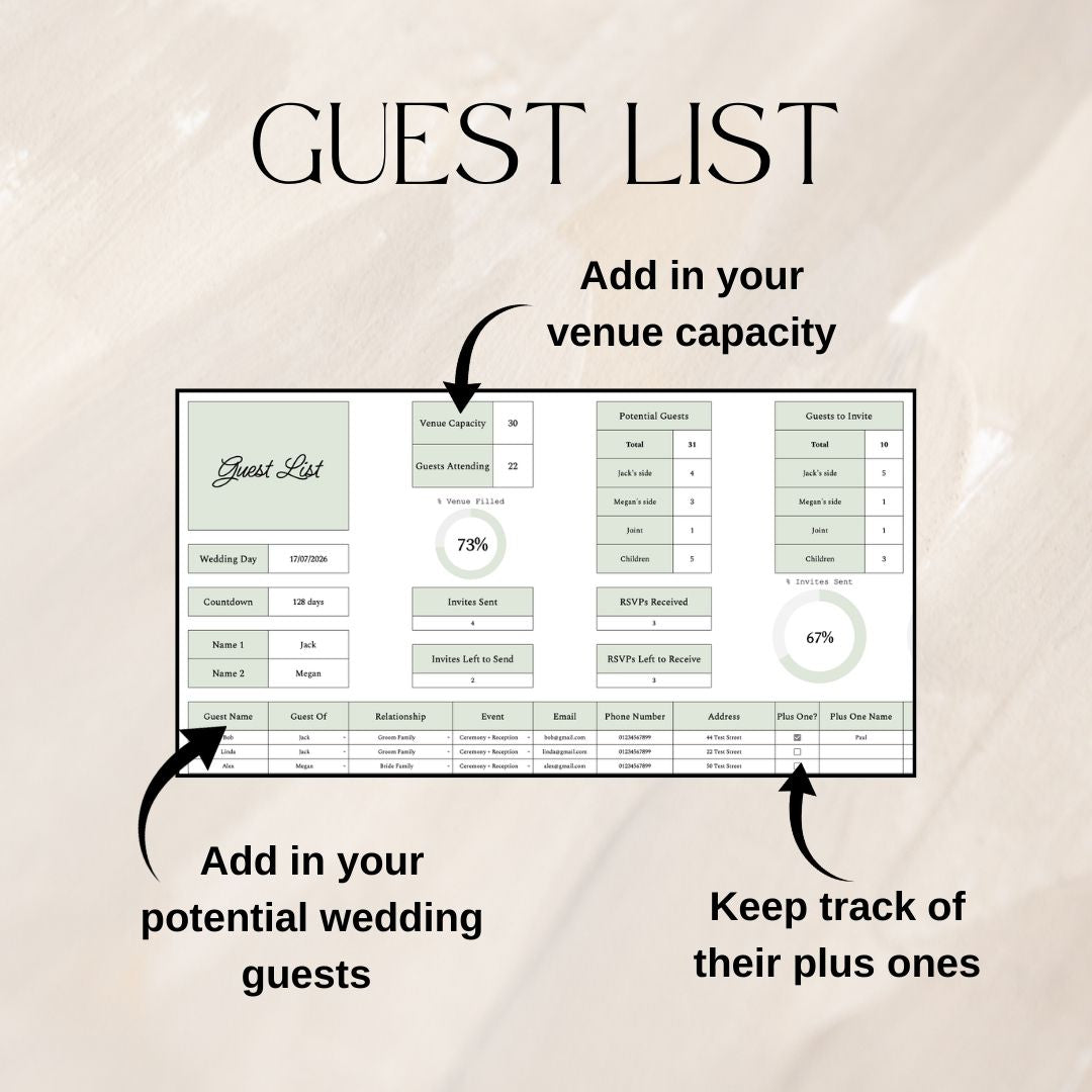 Green Wedding Guest List Planner & Seating Plan | Google Sheets Spreadsheet