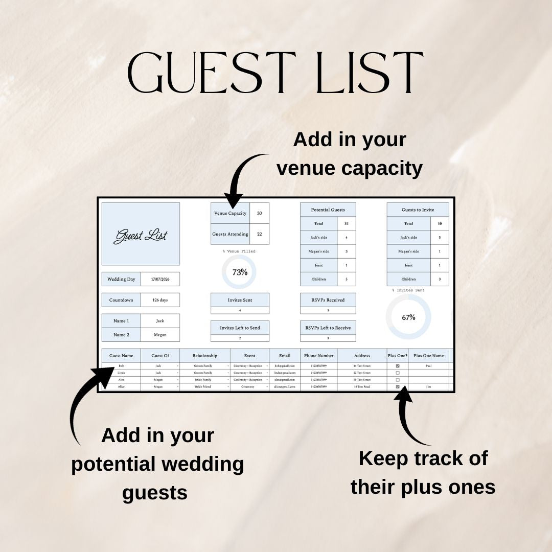 Blue Wedding Guest List Planner & Seating Plan | Google Sheets Spreadsheet