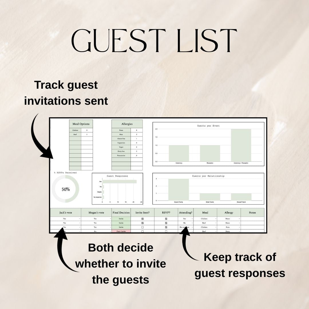 Green Wedding Guest List Planner & Seating Plan | Google Sheets Spreadsheet