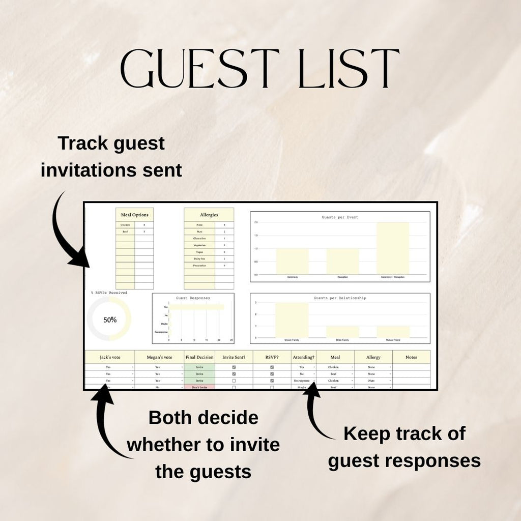 Yellow Wedding Guest List Planner & Seating Plan | Google Sheets Spreadsheet