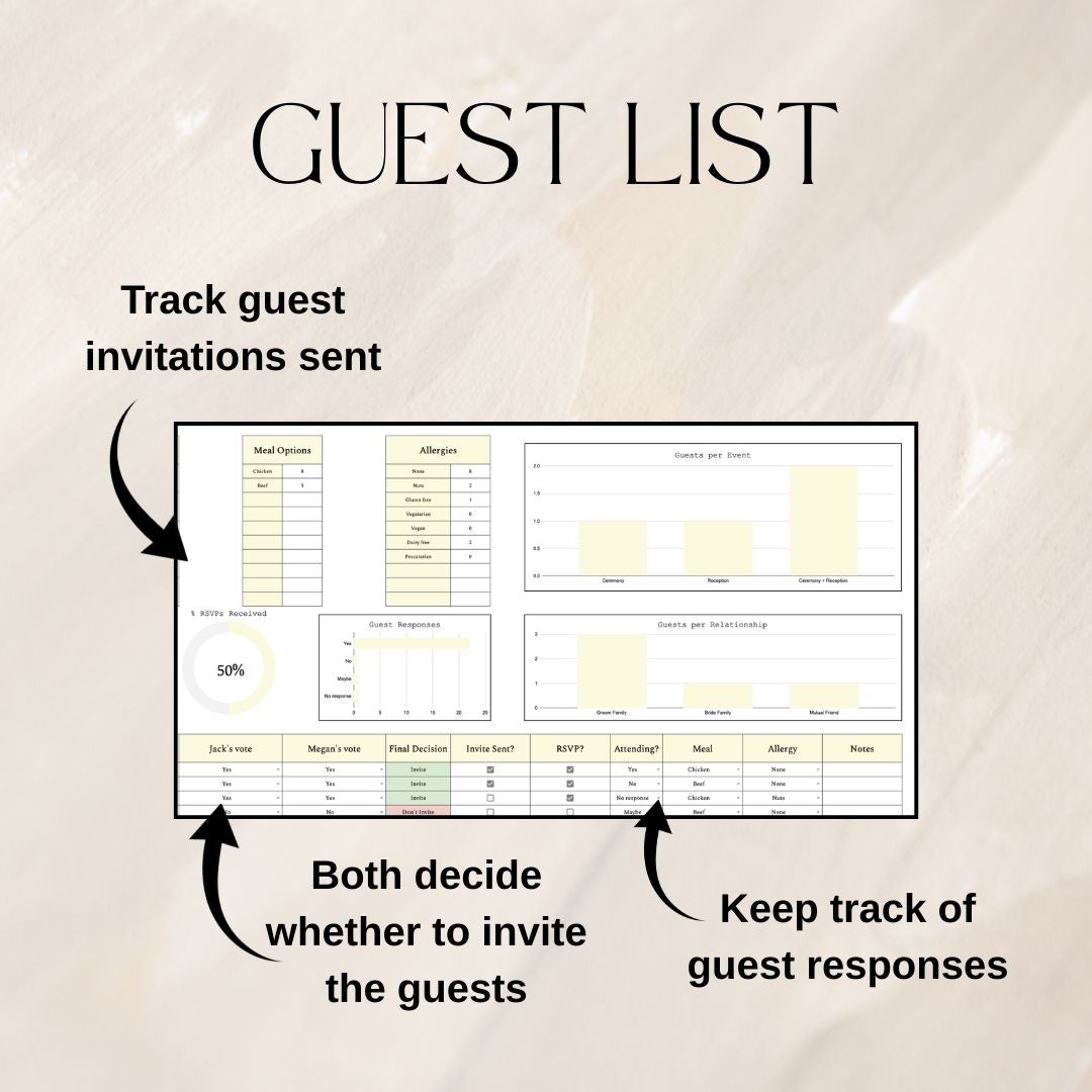 Yellow Wedding Guest List Planner & Seating Plan | Google Sheets Spreadsheet