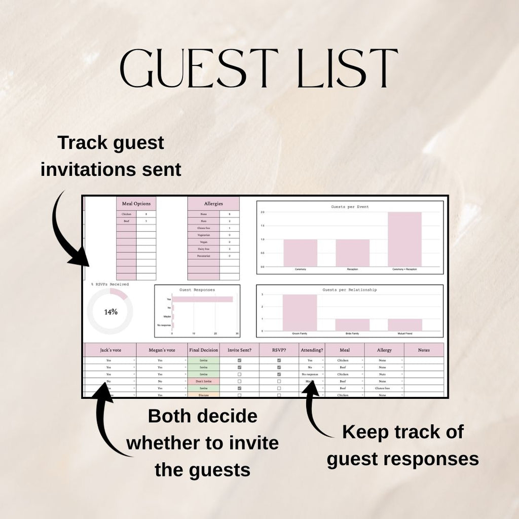 Pink Wedding Guest List Planner & Seating Plan | Google Sheets Spreadsheet