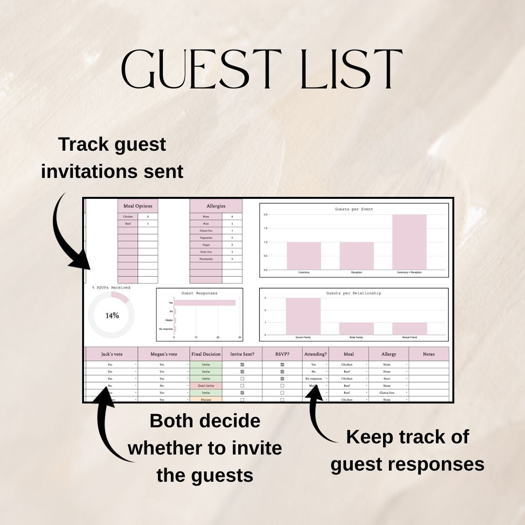 Pink Wedding Guest List Planner & Seating Plan | Google Sheets Spreadsheet