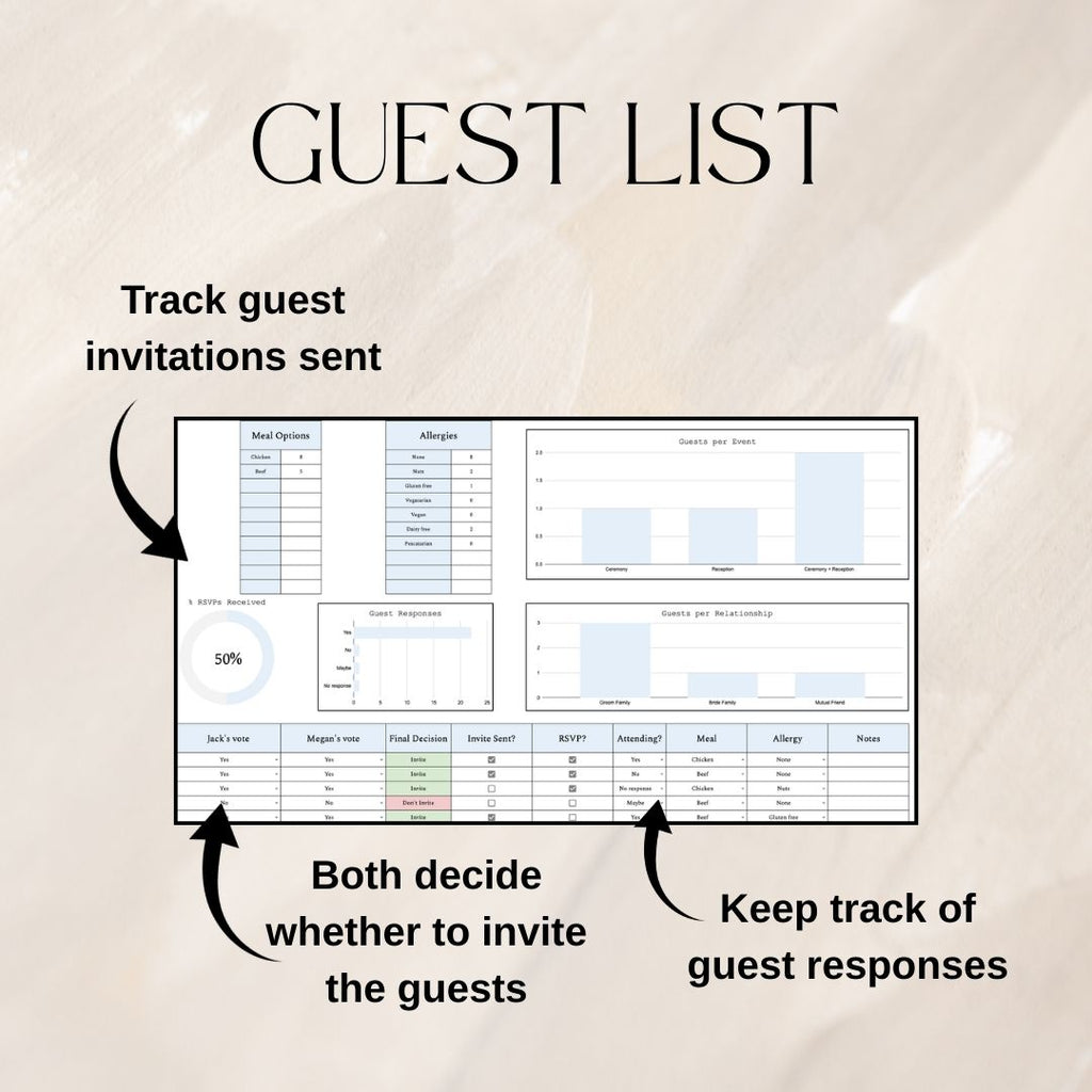 Blue Wedding Guest List Planner & Seating Plan | Google Sheets Spreadsheet