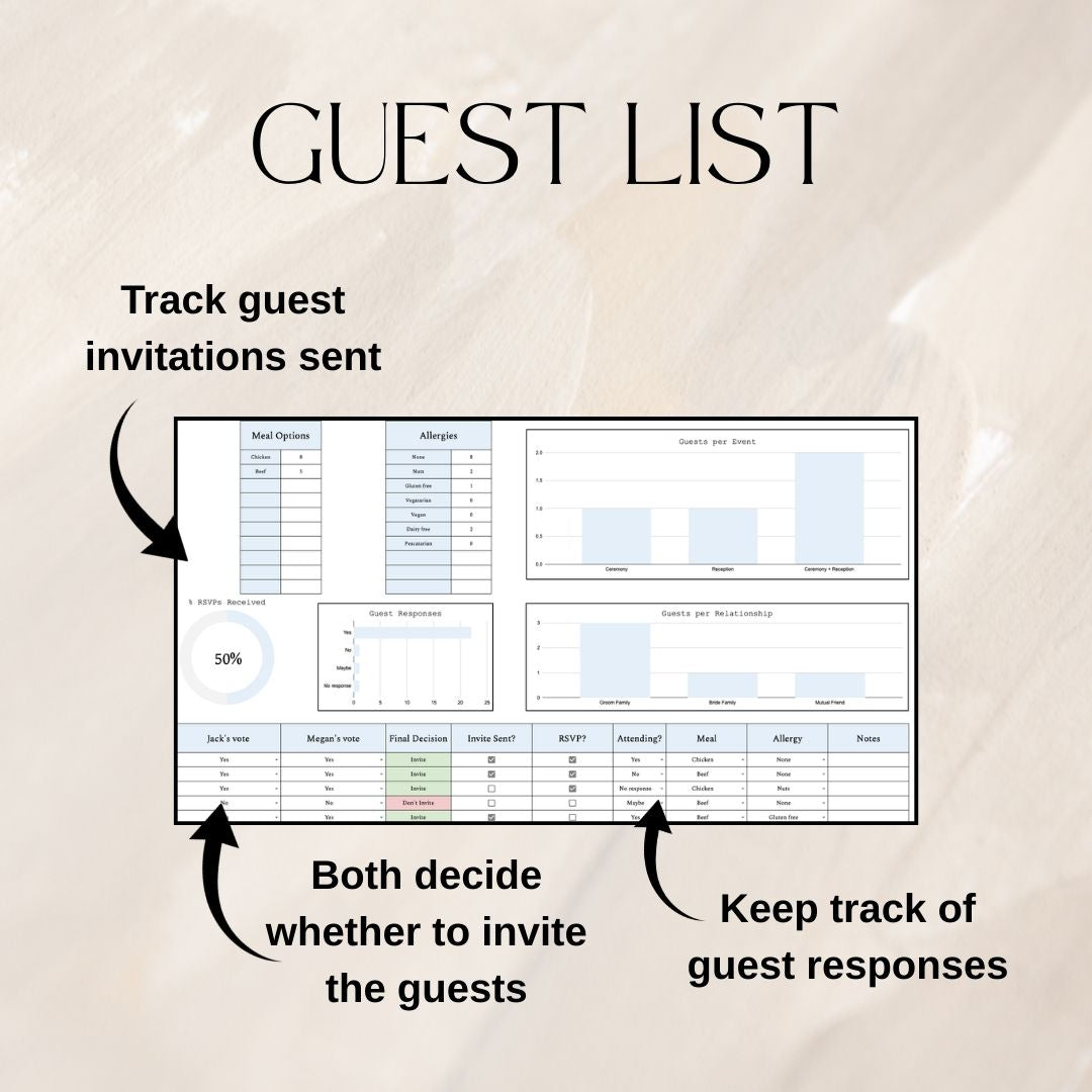 Blue Wedding Guest List Planner & Seating Plan | Google Sheets Spreadsheet