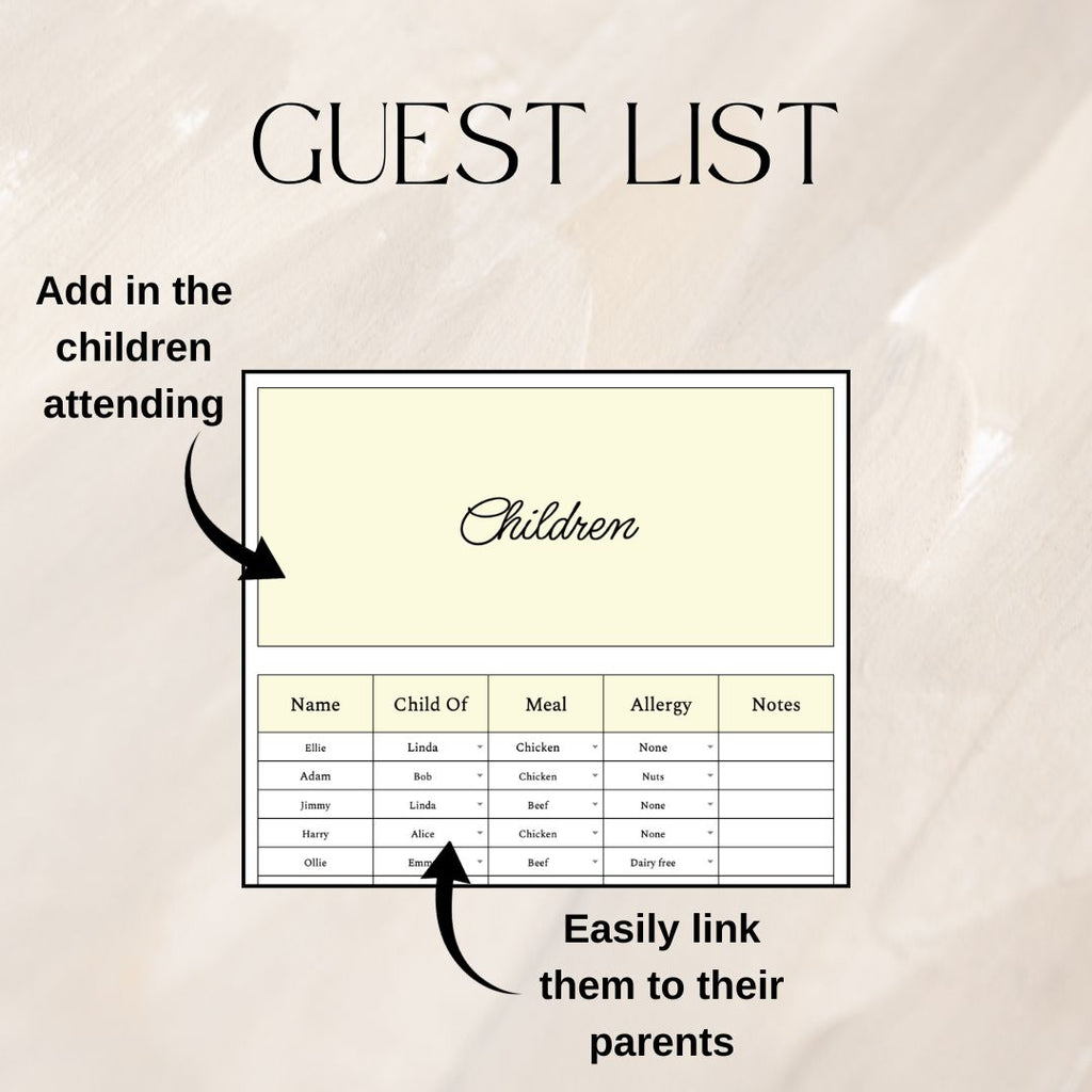 Yellow Wedding Guest List Planner & Seating Plan | Google Sheets Spreadsheet