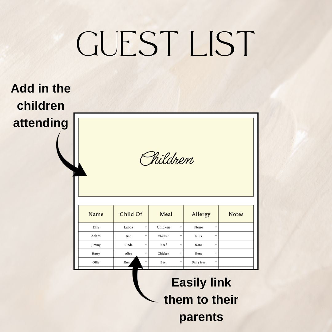 Yellow Wedding Guest List Planner & Seating Plan | Google Sheets Spreadsheet