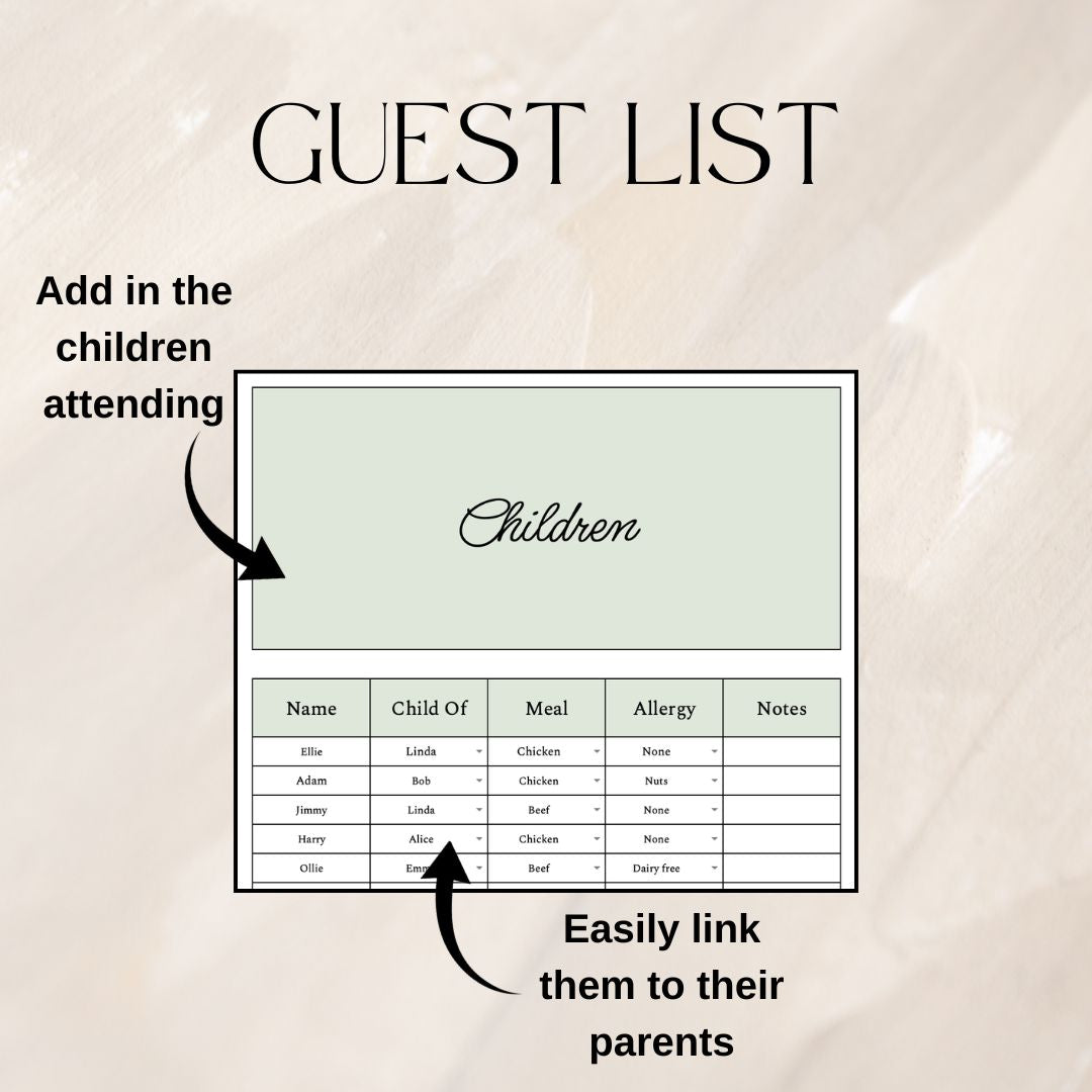 Green Wedding Guest List Planner & Seating Plan | Google Sheets Spreadsheet