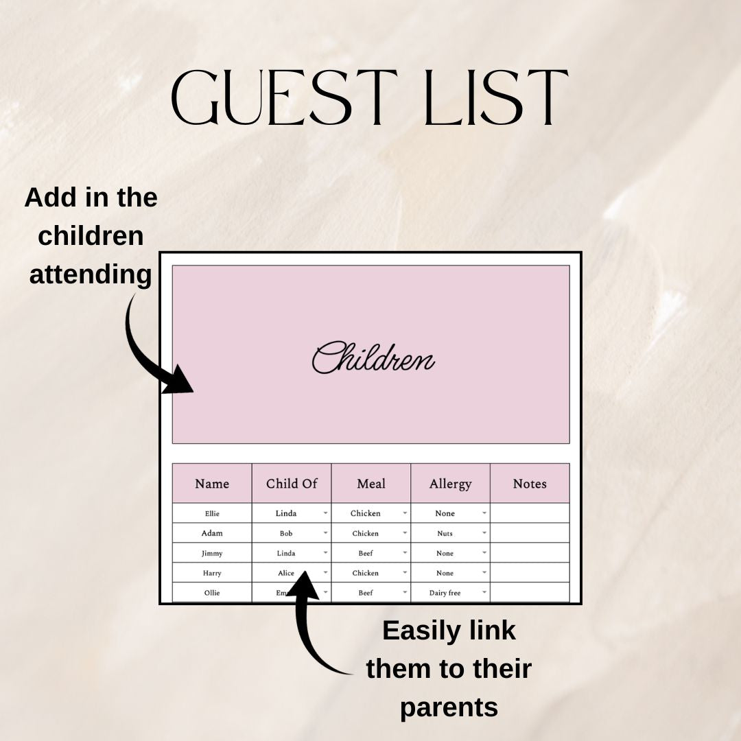 Pink Wedding Guest List Planner & Seating Plan | Google Sheets Spreadsheet