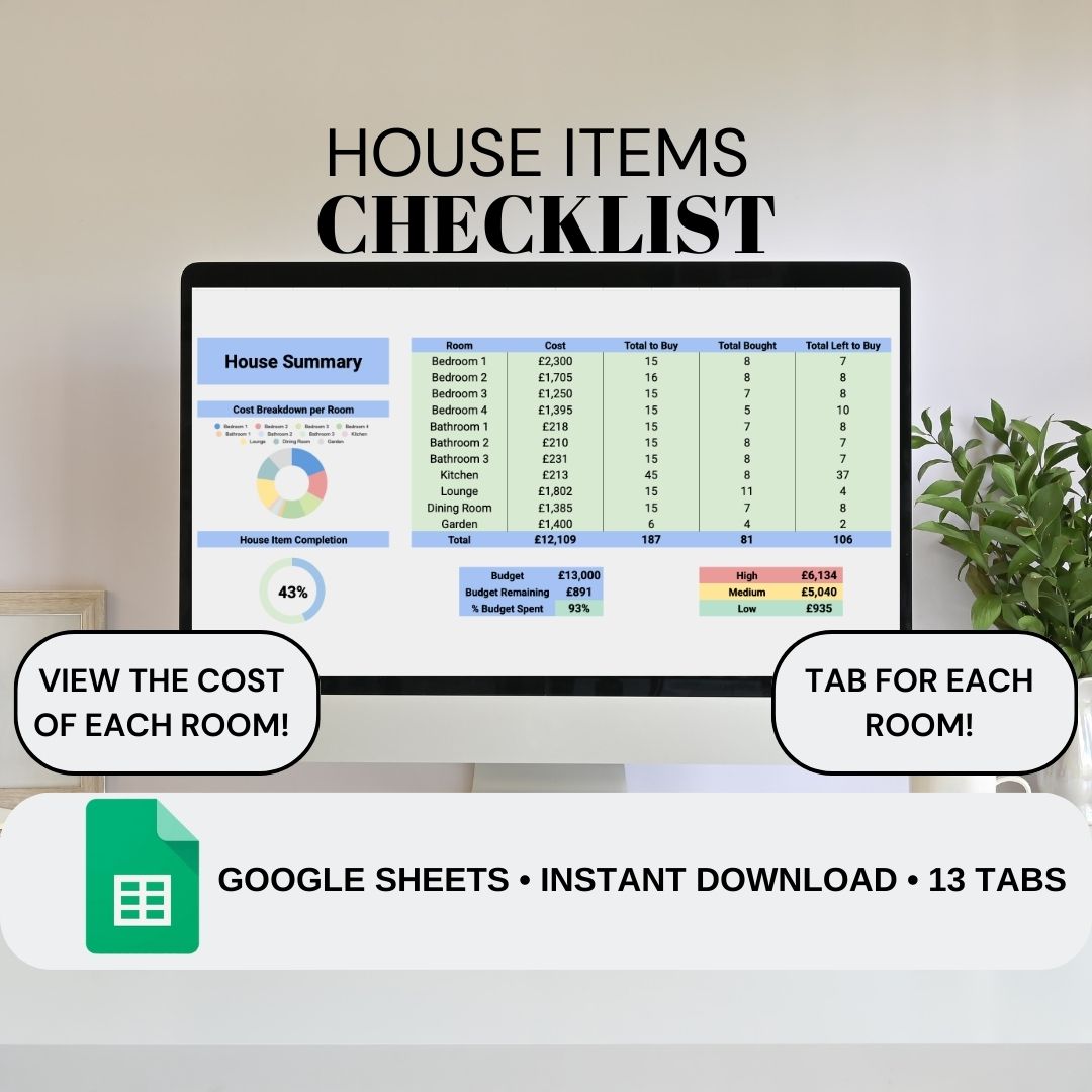 House Item Checklist | Google Sheets Spreadsheet