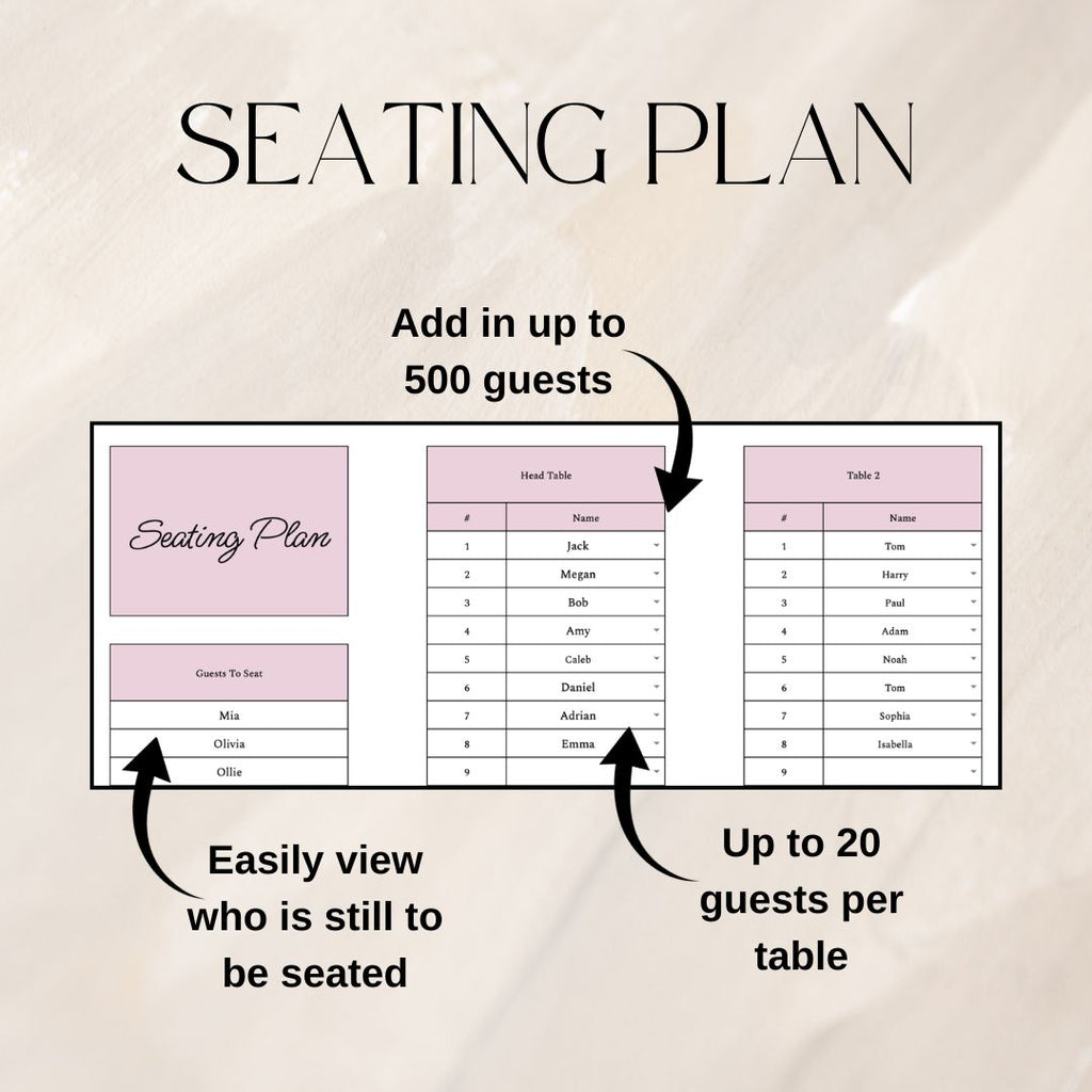 Pink Wedding Guest List Planner & Seating Plan | Google Sheets Spreadsheet