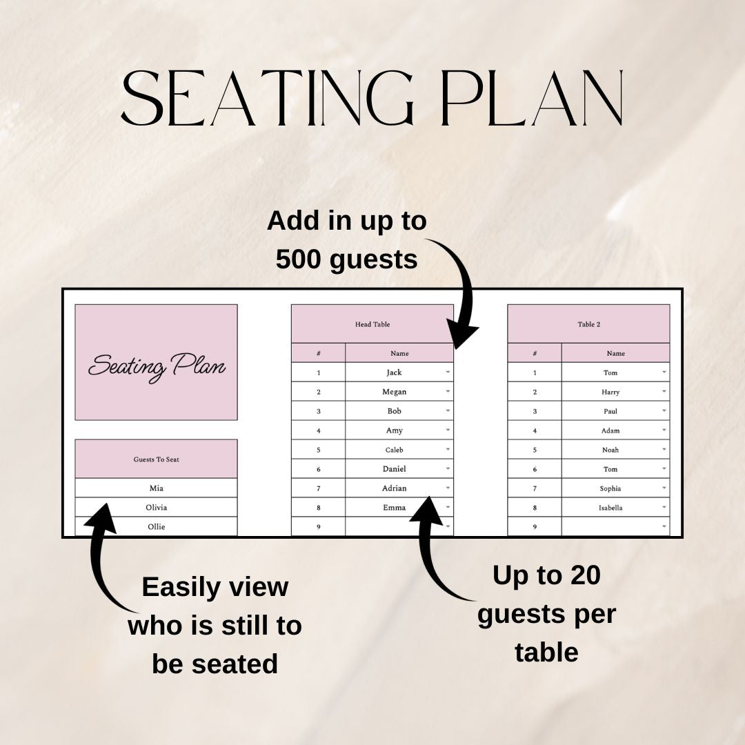 Pink Wedding Guest List Planner & Seating Plan | Google Sheets Spreadsheet