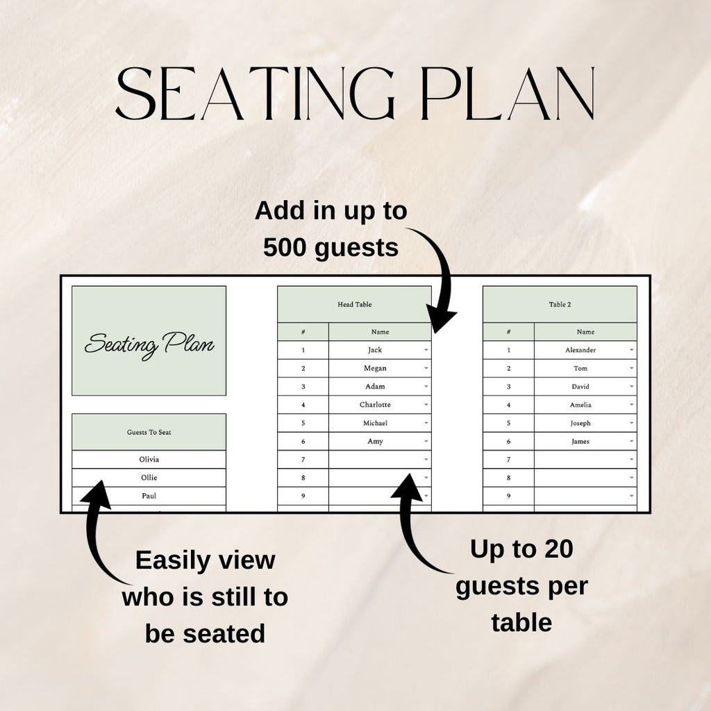 Green Wedding Guest List Planner & Seating Plan | Google Sheets Spreadsheet