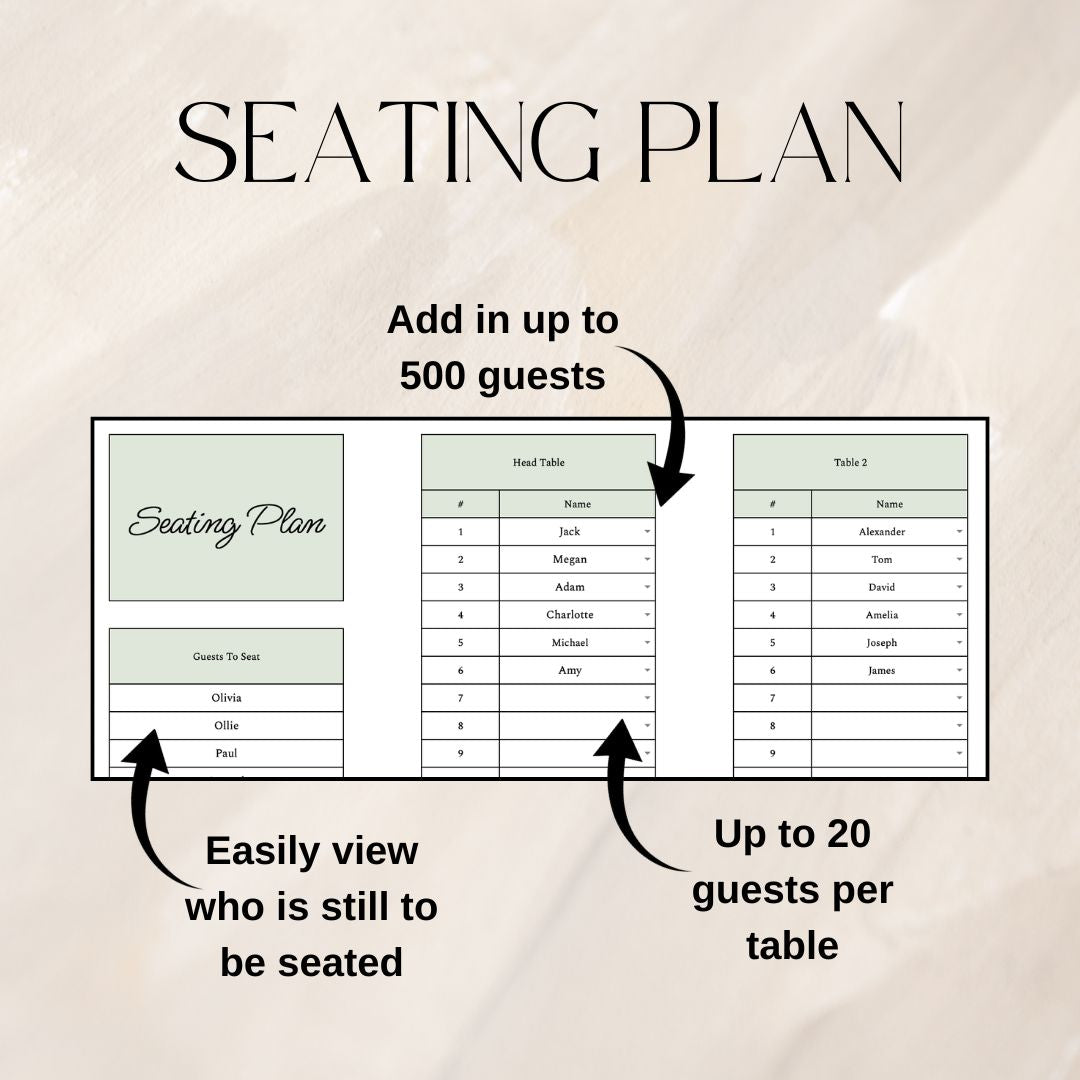 Green Wedding Guest List Planner & Seating Plan | Google Sheets Spreadsheet