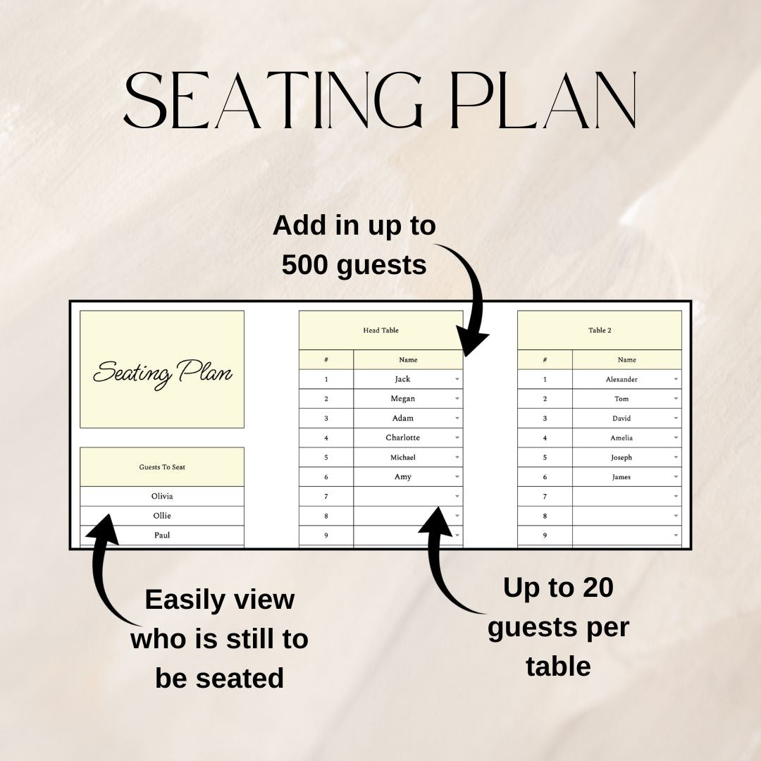 Yellow Wedding Guest List Planner & Seating Plan | Google Sheets Spreadsheet