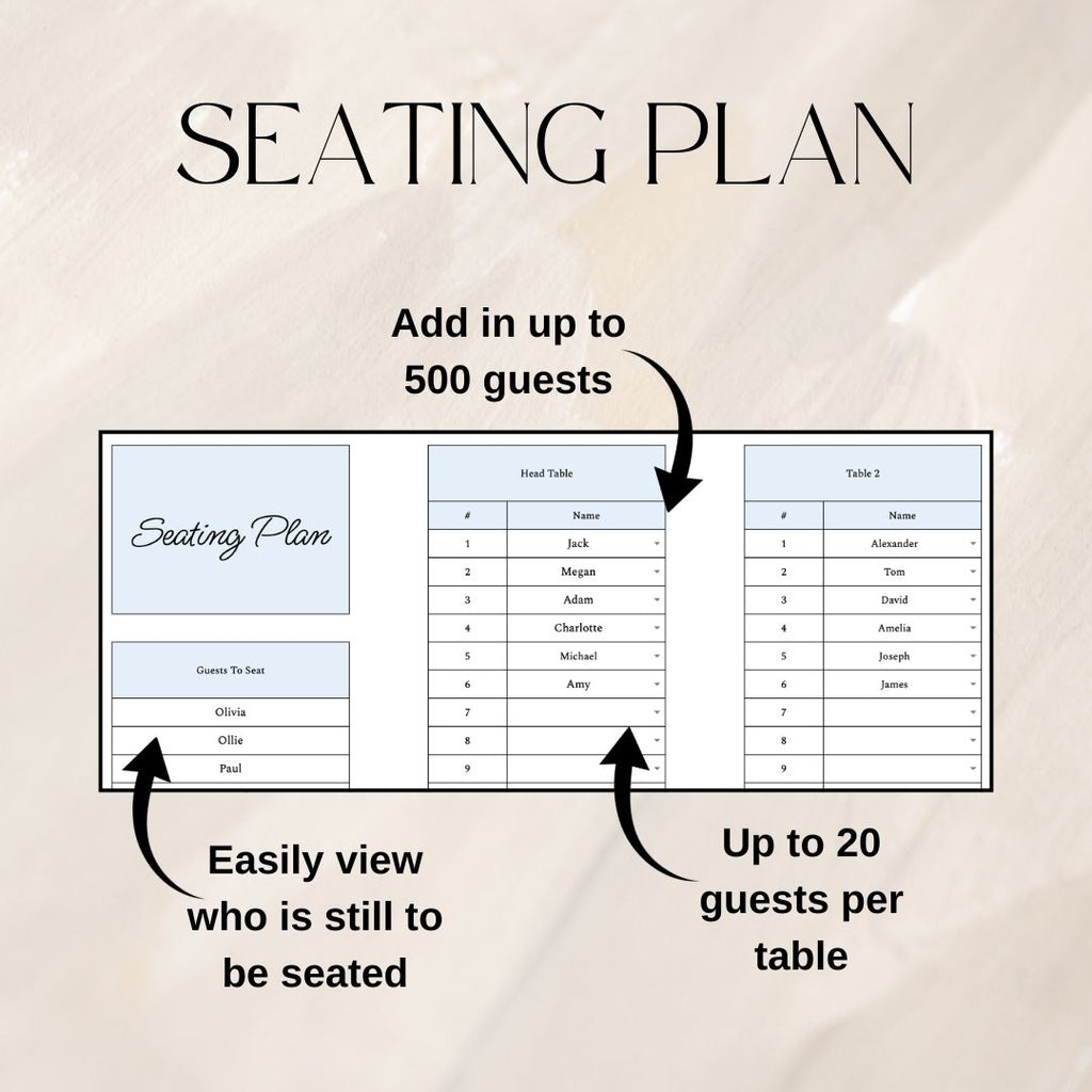 Blue Wedding Guest List Planner & Seating Plan | Google Sheets Spreadsheet