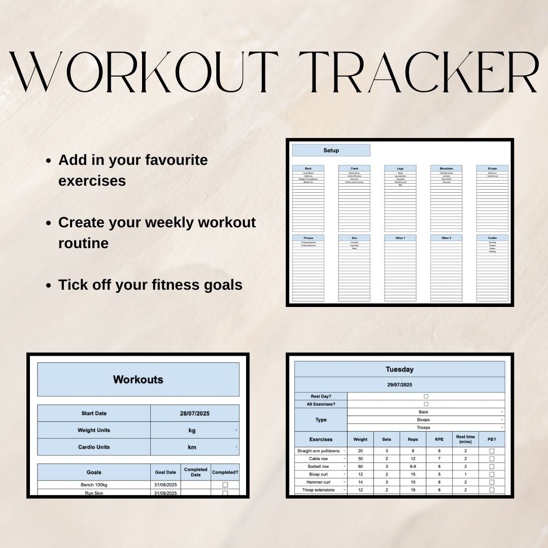 Blue Fitness and Life Goals Spreadsheet Bundle | Google Sheets Spreadsheet