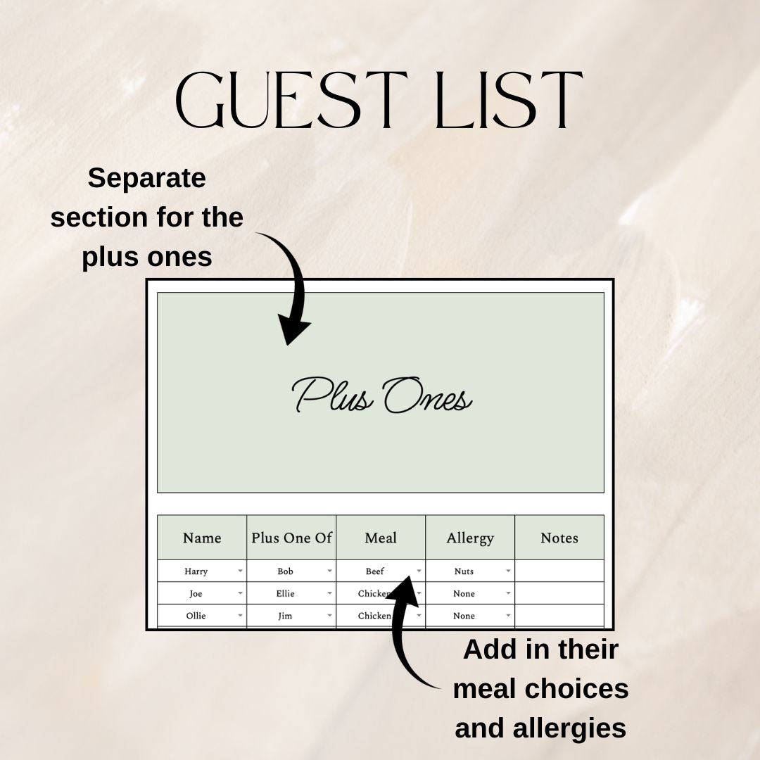 Green Wedding Guest List Planner & Seating Plan | Google Sheets Spreadsheet