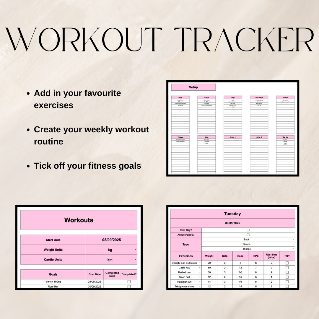 Pink Fitness and Life Goals Spreadsheet Bundle | Google Sheets Spreadsheet