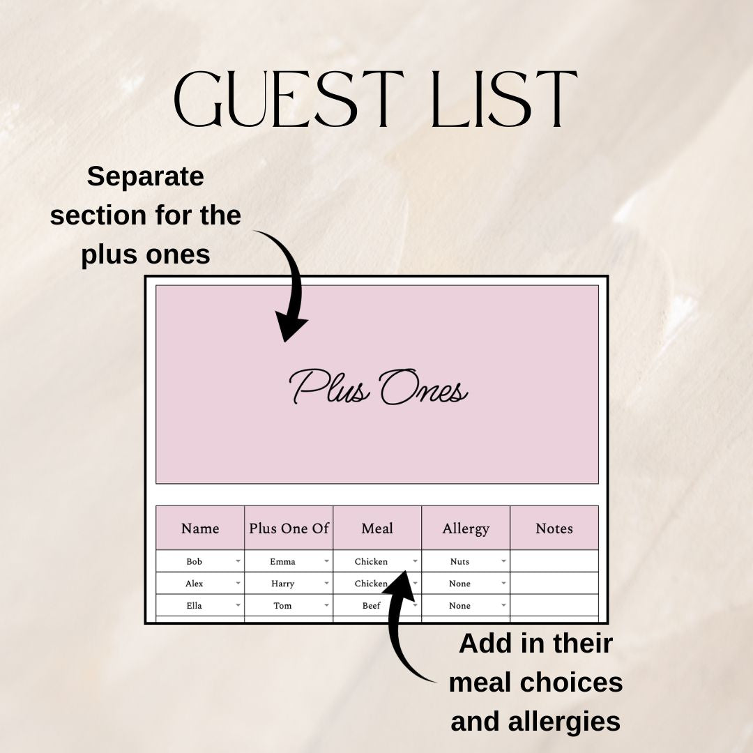 Pink Wedding Guest List Planner & Seating Plan | Google Sheets Spreadsheet