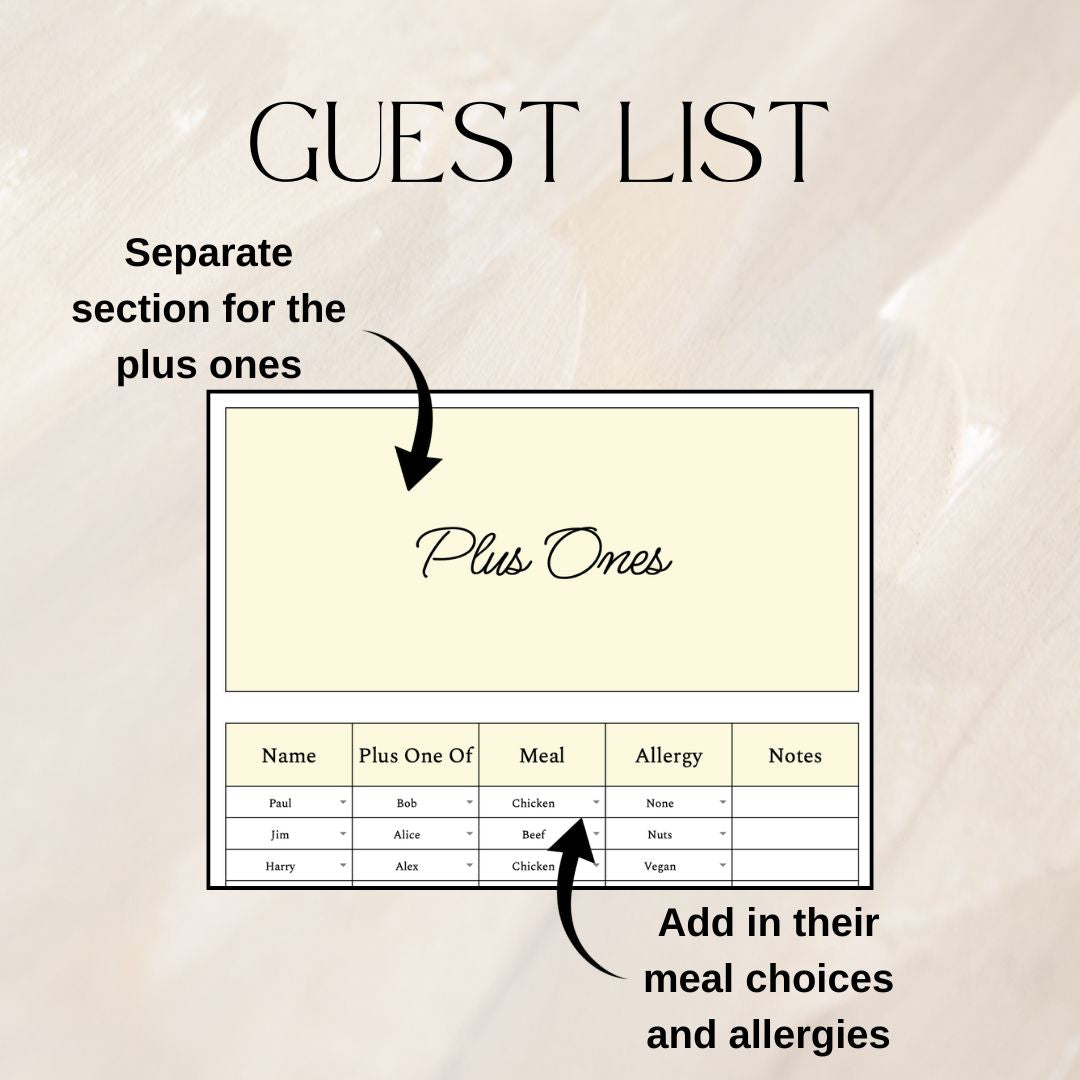 Yellow Wedding Guest List Planner & Seating Plan | Google Sheets Spreadsheet