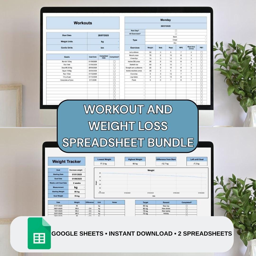 Blue Fitness Tracker Spreadsheet Bundle | Google Sheets Spreadsheet