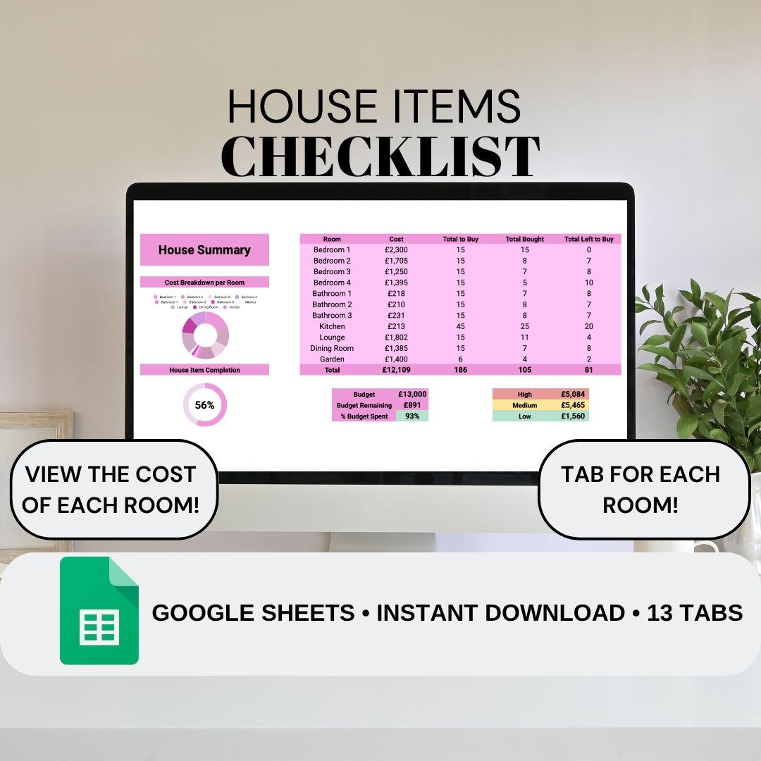 Pink House Item Checklist | Google Sheets Spreadsheet