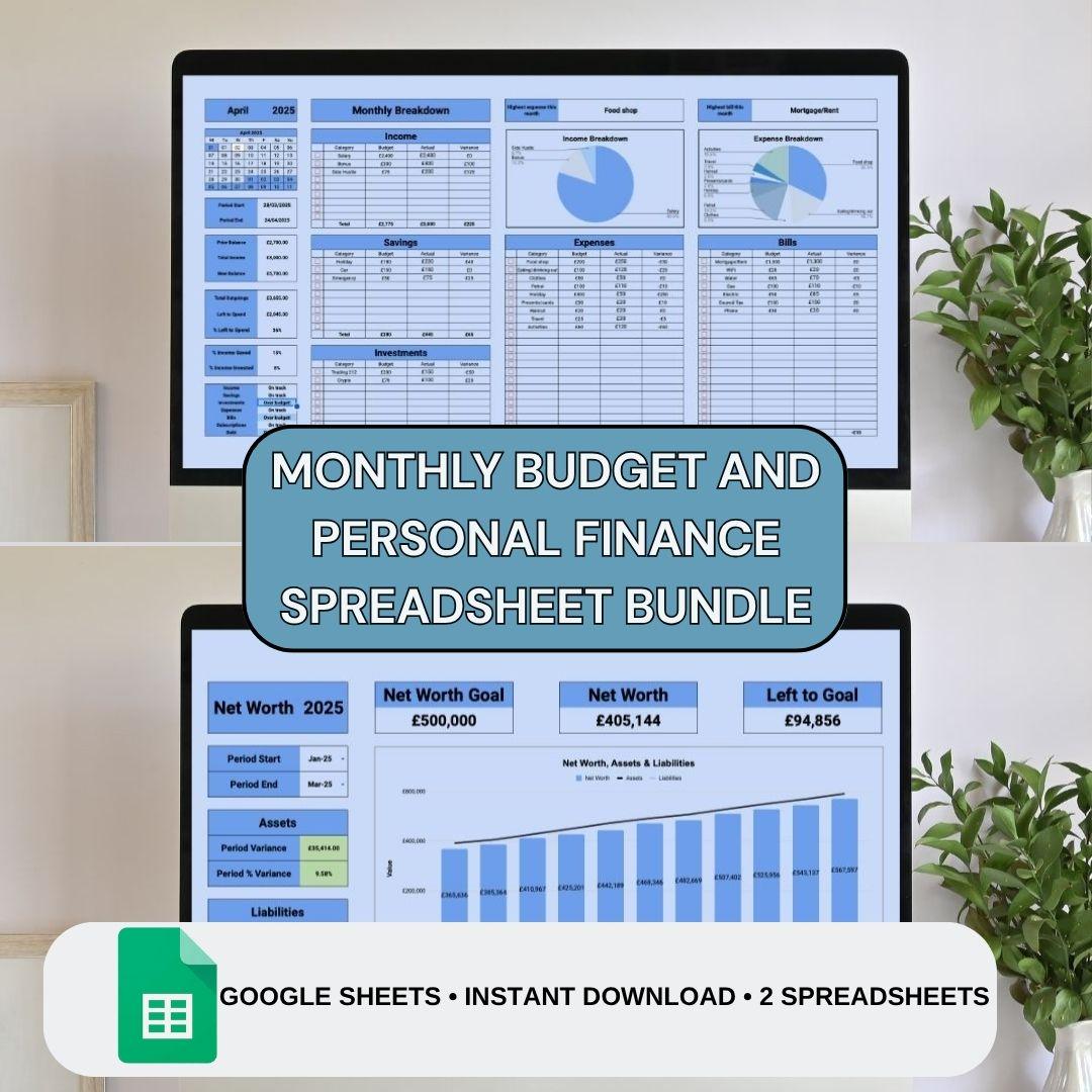 Blue Monthly Budget & Personal Finance Tracker Bundle | Google Sheets Spreadsheet