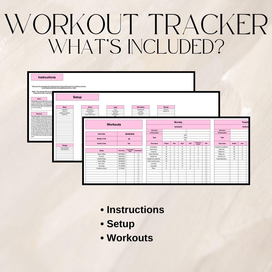Pink Fitness Tracker Spreadsheet Bundle | Google Sheets Spreadsheet