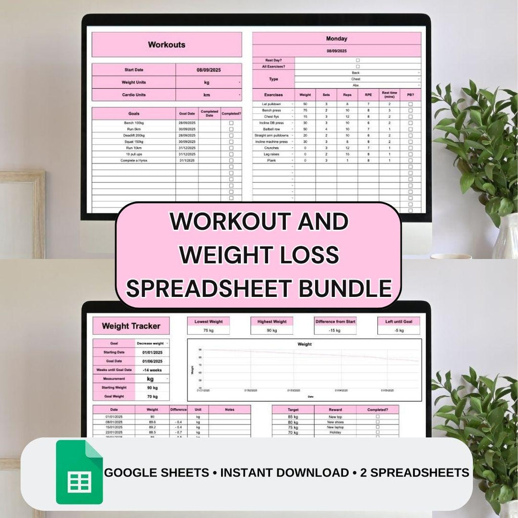 Pink Fitness Tracker Spreadsheet Bundle | Google Sheets Spreadsheet