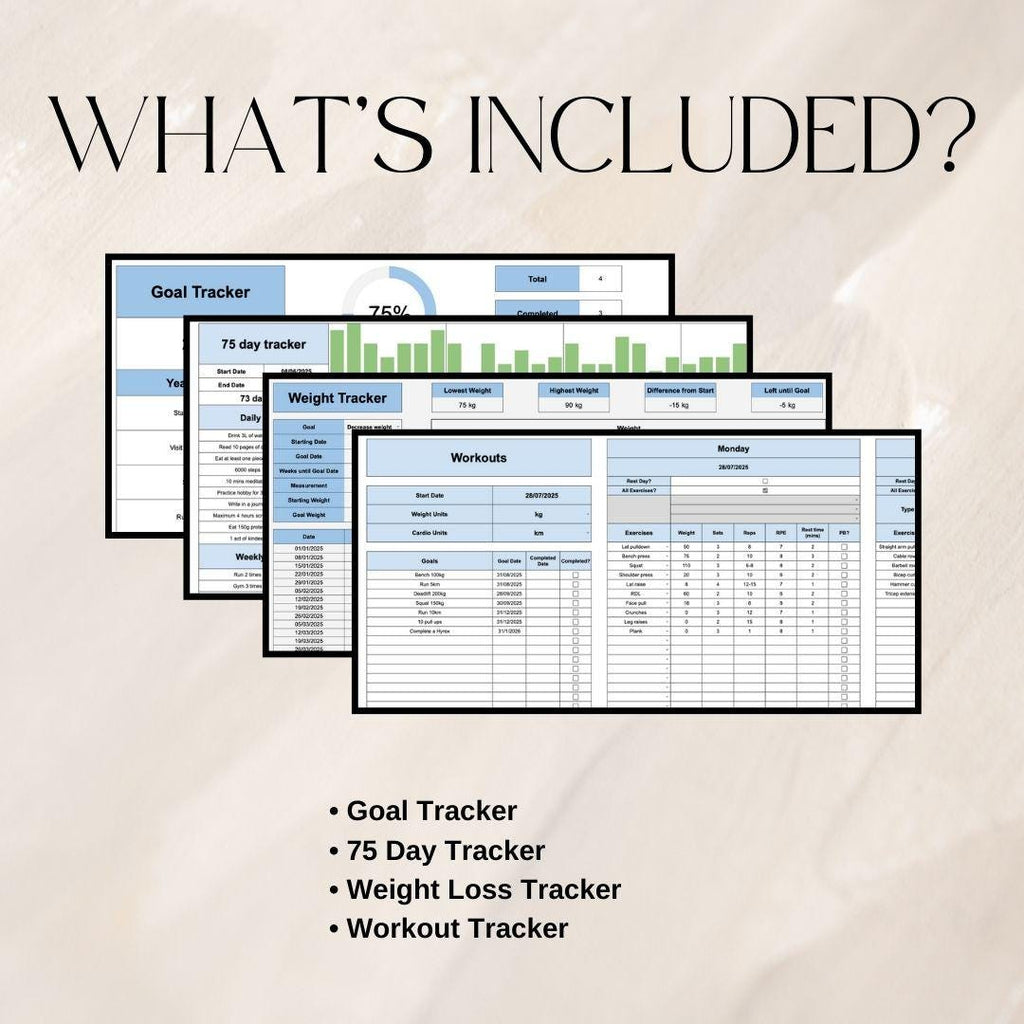 Blue Fitness and Life Goals Spreadsheet Bundle | Google Sheets Spreadsheet